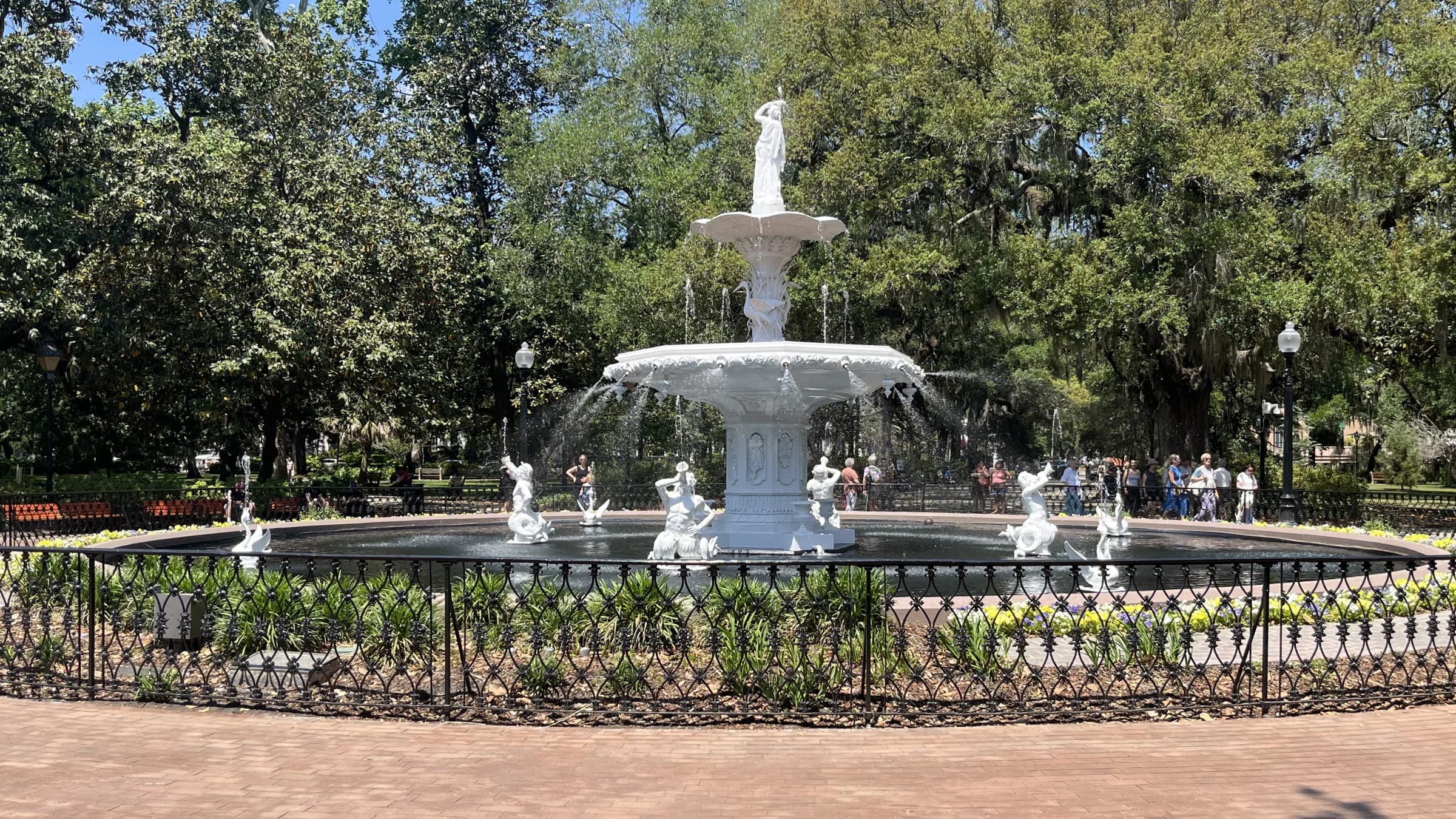 The fountain under the live-oak canopy